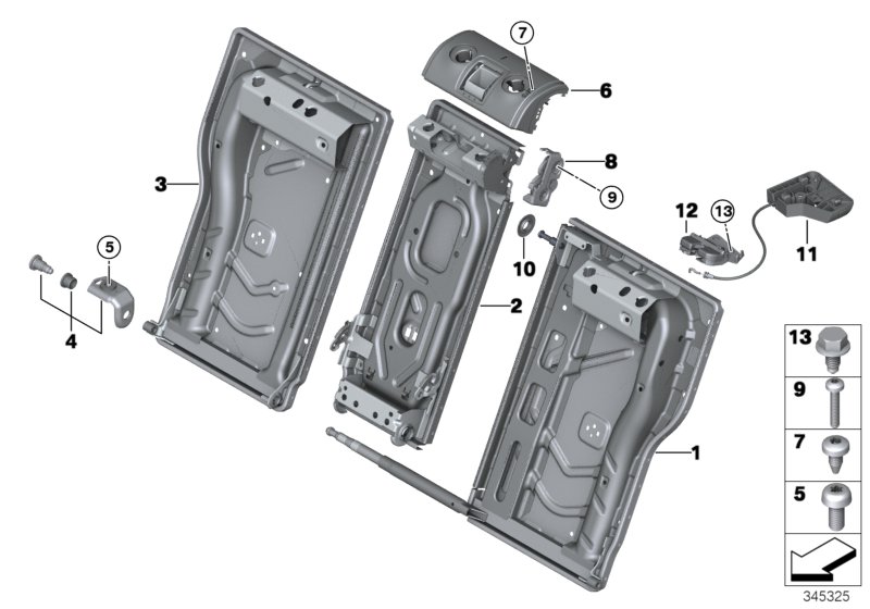 Seat, rear, seat frame, through-loading