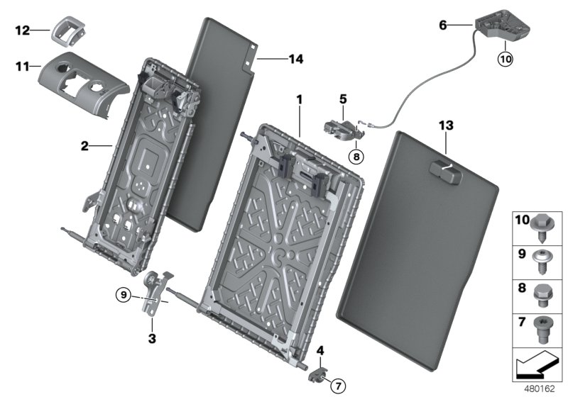 Seat, rear, seat frame, through-loading