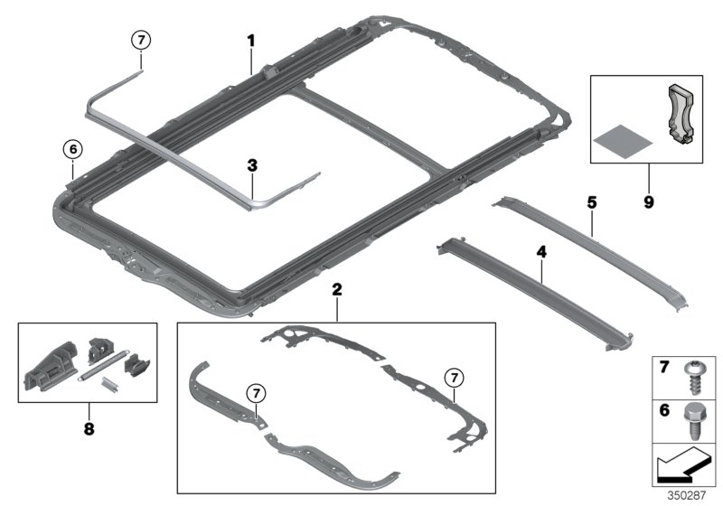 Panorama glass roof, mounting parts
