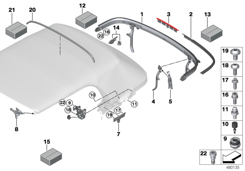 Folding top mounting parts