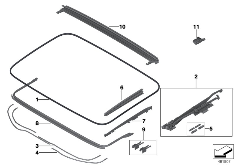 Panorama glass roof, mounting parts