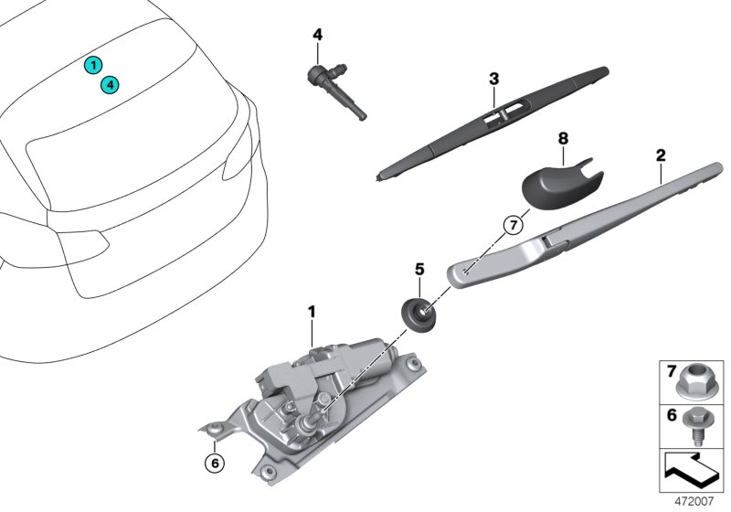 Single parts for rear window wiper