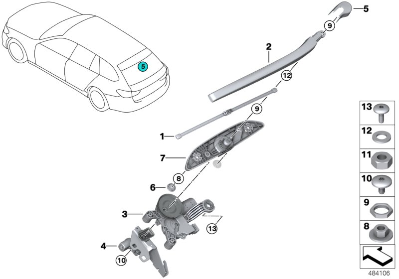 Single parts for rear window wiper