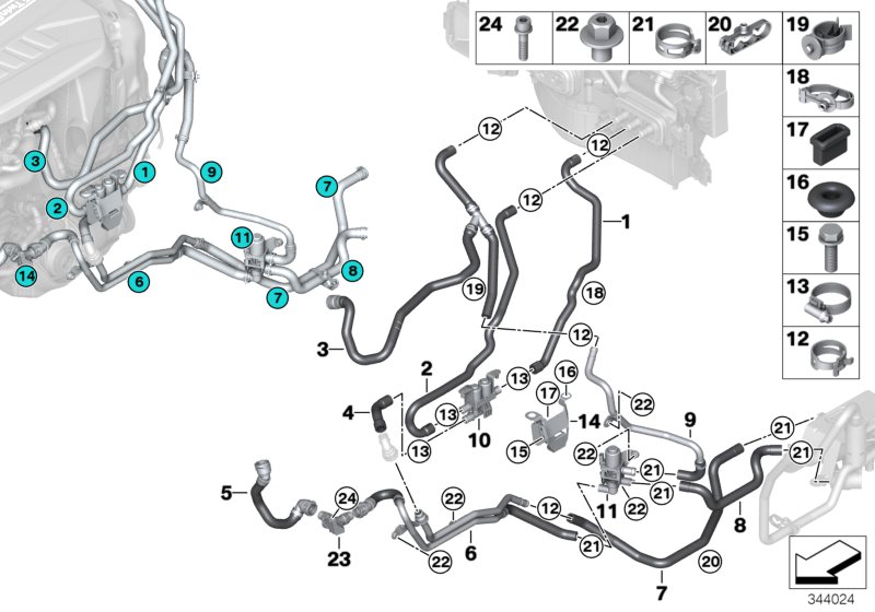 Coolant hoses, auxiliary heater