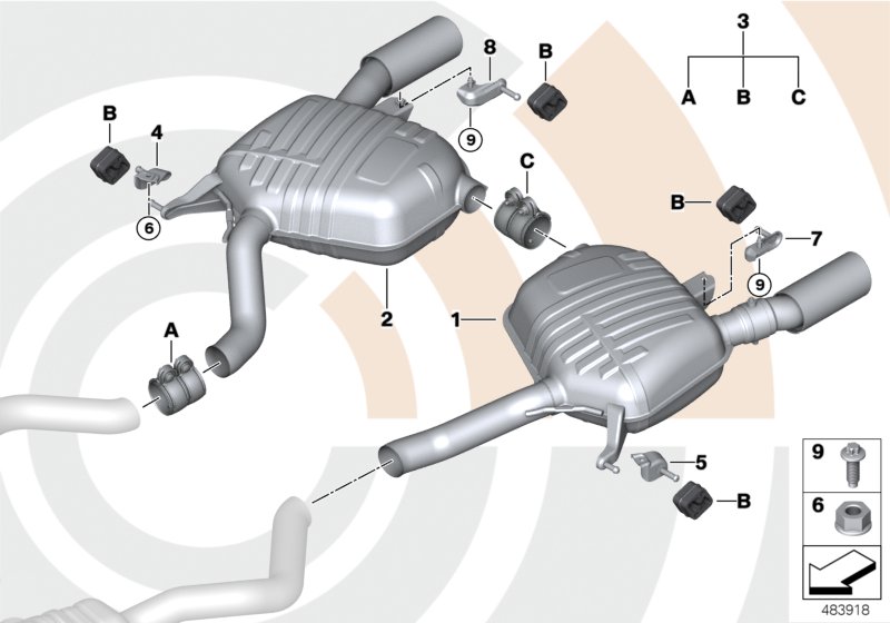 Rear silencer and installation kit